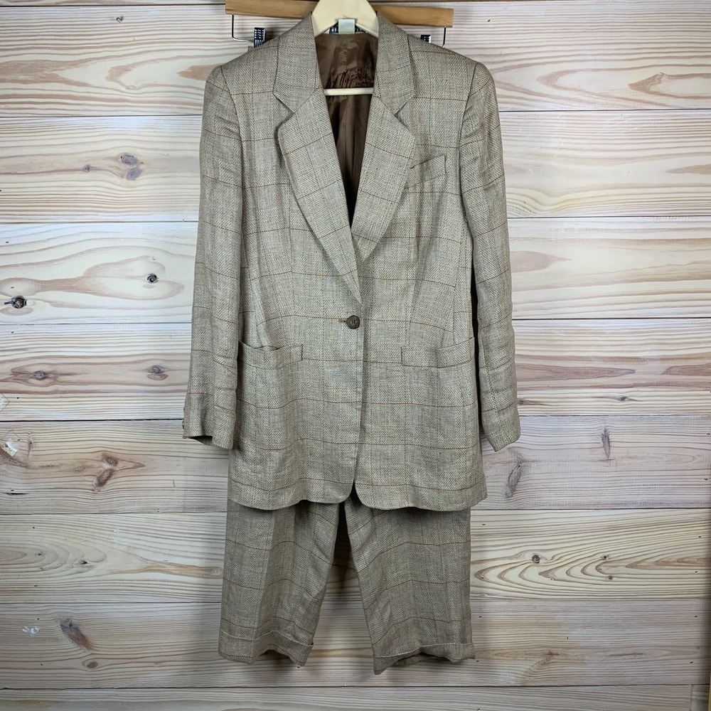 Vtg 90s Peter‎ Nygard Linen Suit Women 4/6 Tan Windowpane Plaid Pleated Academia